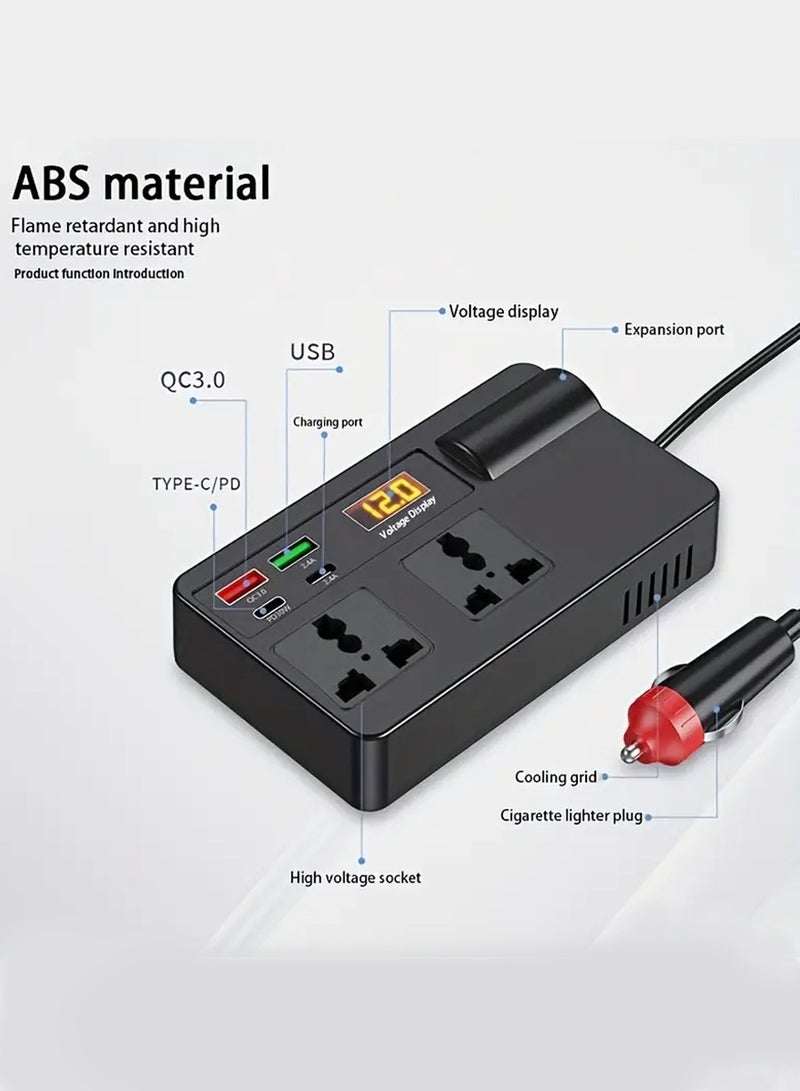 إليغلام محول طاقة سيارة 200 واط 12 فولت إلى 220 فولت مع شحن سريع USB-C PD، مخرجان AC مزدوجان (للولايات المتحدة/أوروبا/المملكة المتحدة)، شاشة رقمية، محول مضغوط للسيارة، RV، شاحنة، قارب - Image 3